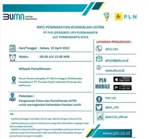 Jadwal Pemadaman Listrik di Purwakarta, Selasa 19 April 2022