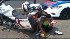 Viral, Dua Petugas Satlantas Polresta Cirebon Rela Panas-panasan Makan Siang Di Tengah Jalan Tol KM 219 Mertapada