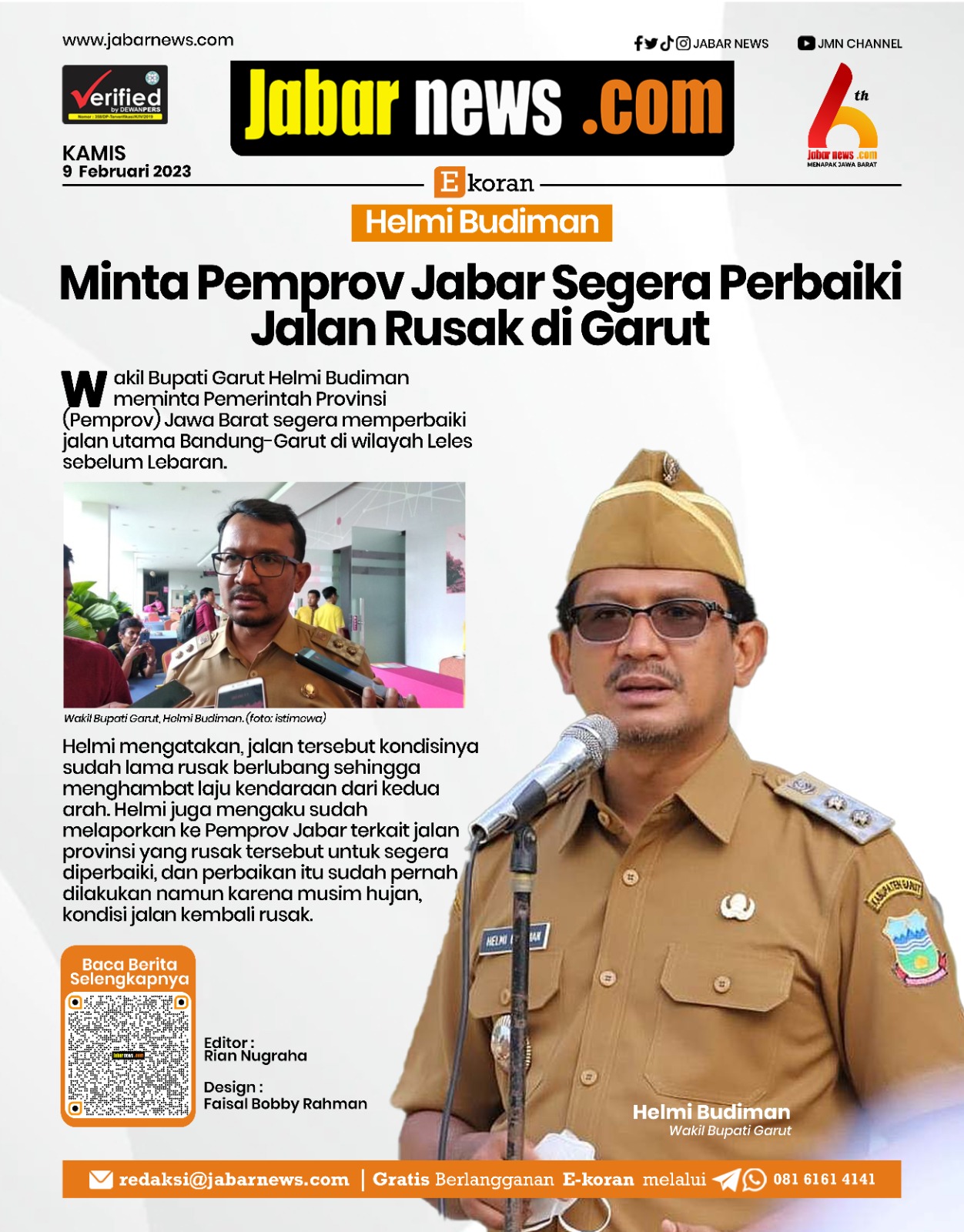 Helmi Budiman Minta Pemprov Jabar Segera Perbaiki Jalan Rusak di Garut