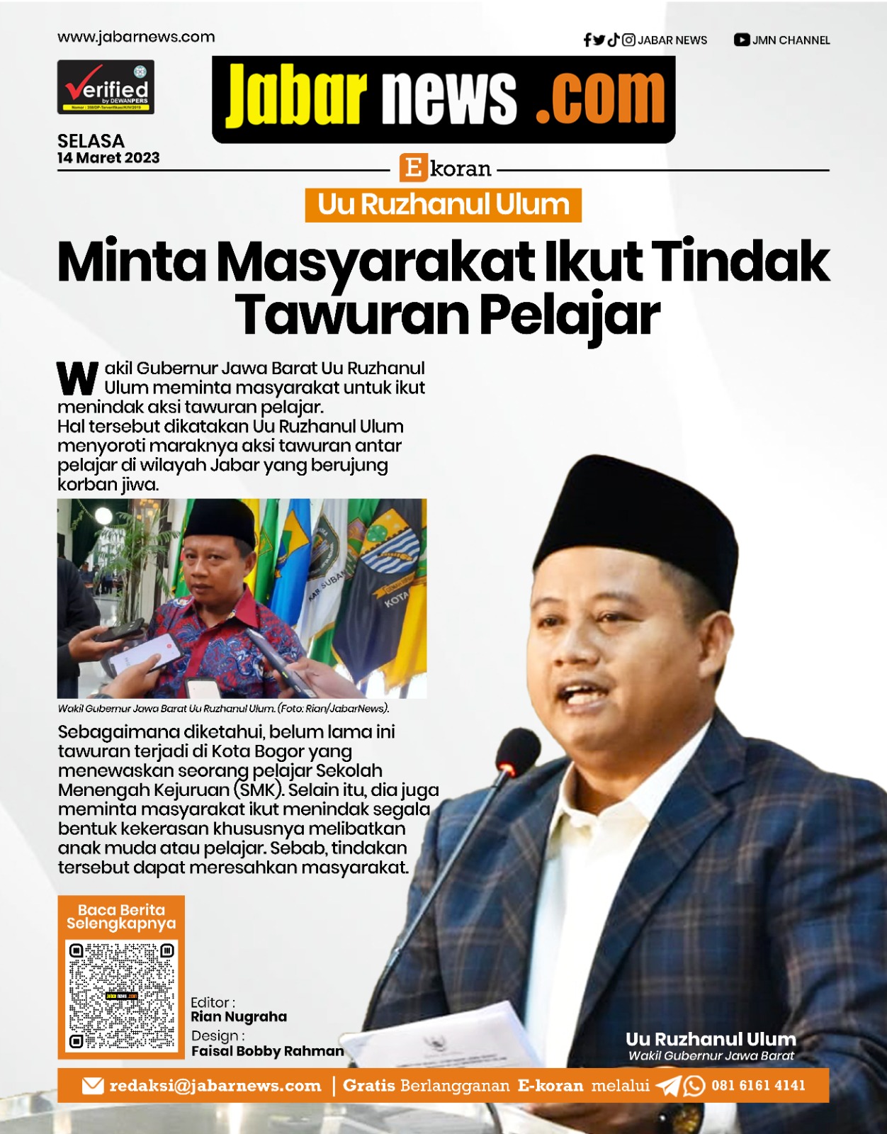 Uu Ruzhanul Ulum Minta Masyarakat Ikut Tindak Tawuran Pelajar
