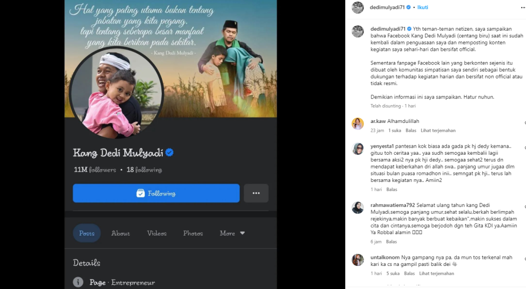 Alhamdulillah, Akun Fanspage Facebook Kang Dedi Mulyadi Sudah Kembali