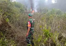 Aparat TNI berjaga di sekitar jatuhnya helikopter di kawasan perkembunan teh Ciwidey Bandung