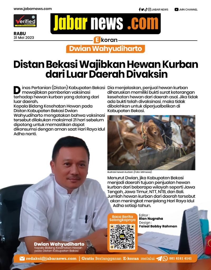 Distan Bekasi Wajibkan Hewan Kurban dari Luar Daerah Divaksin