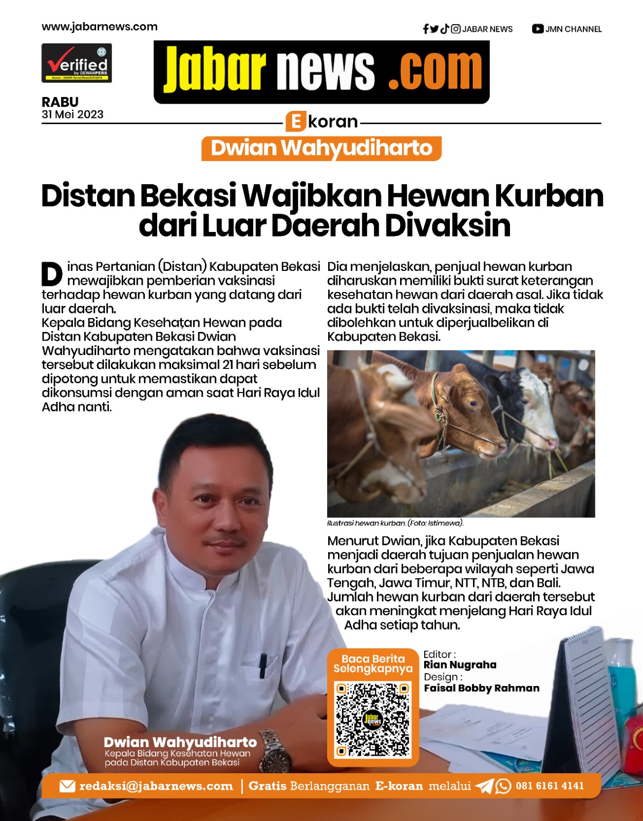 Distan Bekasi Wajibkan Hewan Kurban dari Luar Daerah Divaksin