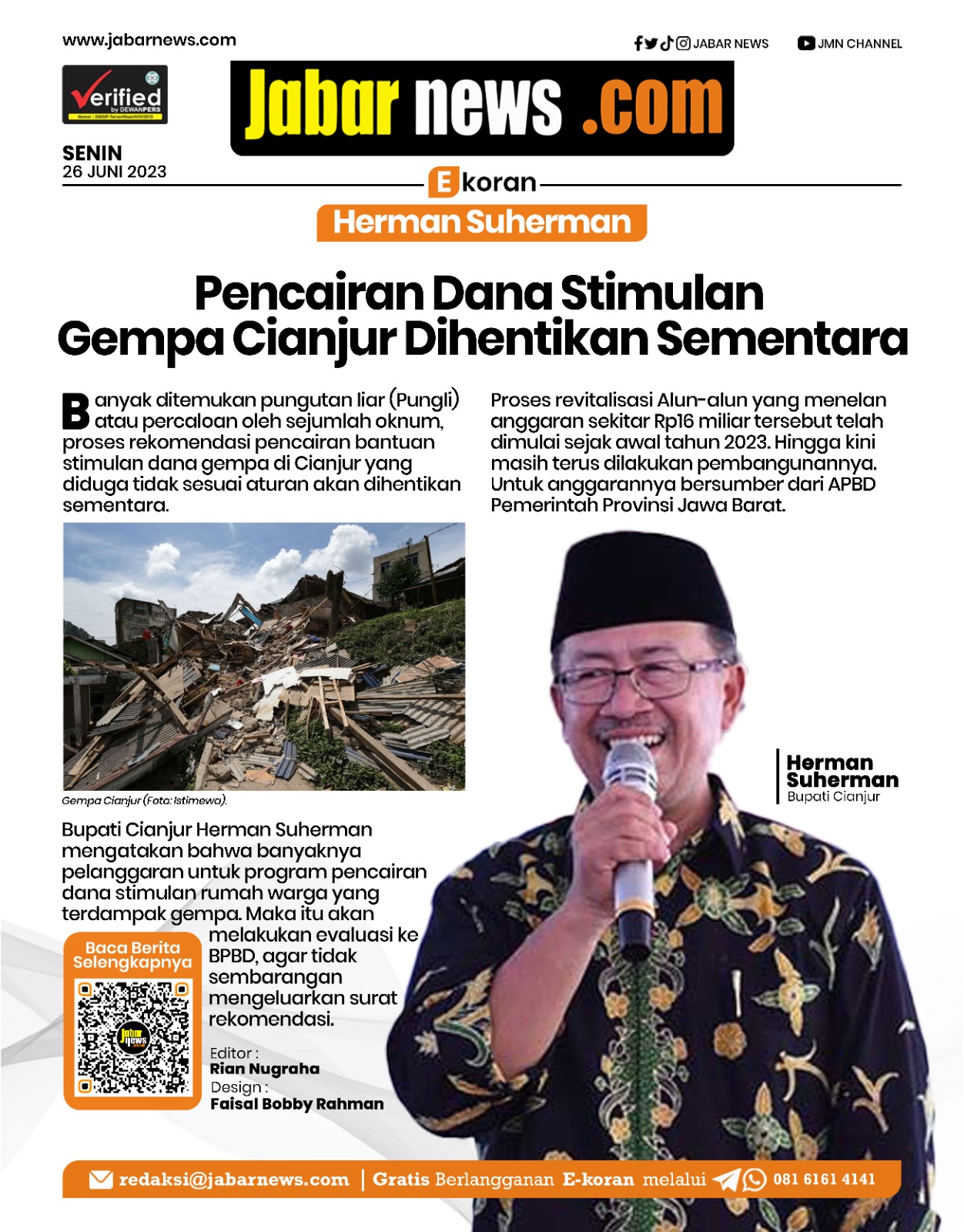 Pencairan Dana Stimulan Gempa Cianjur Dihentikan Sementara