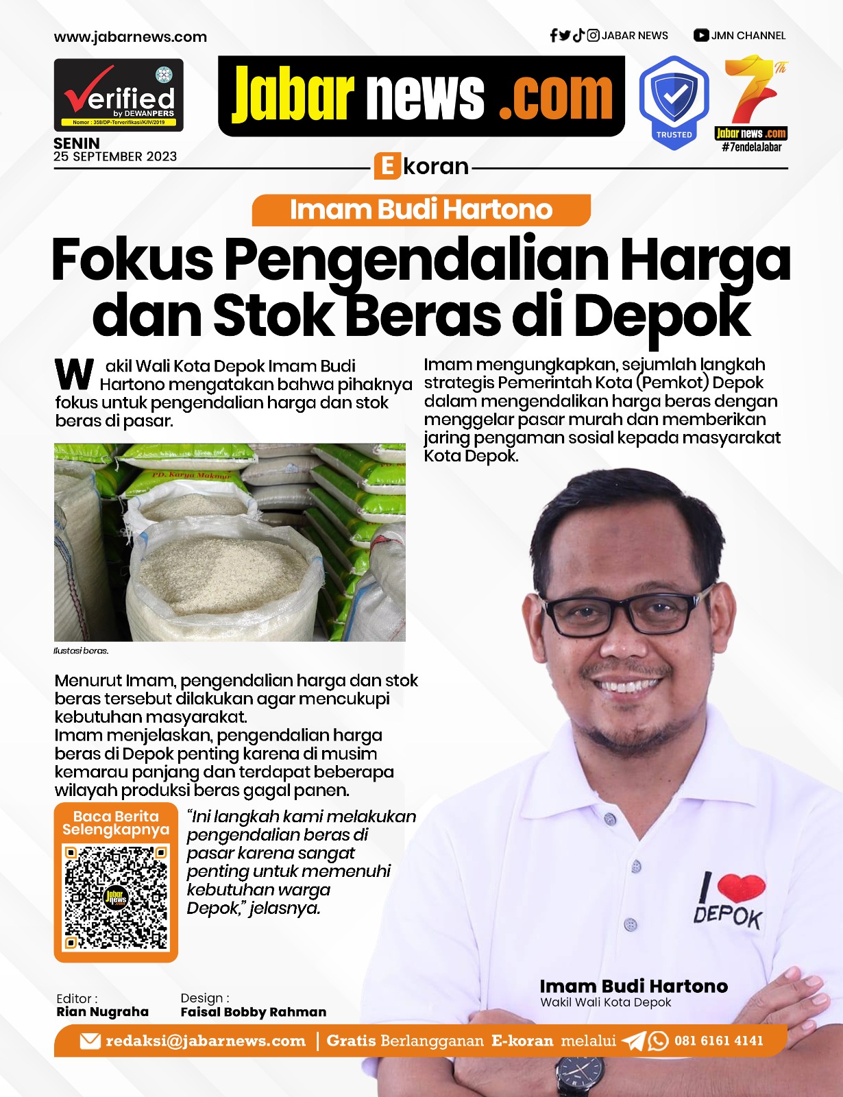 Imam Budi Hartono Fokus Pengendalian Harga dan Stok Beras di Depok