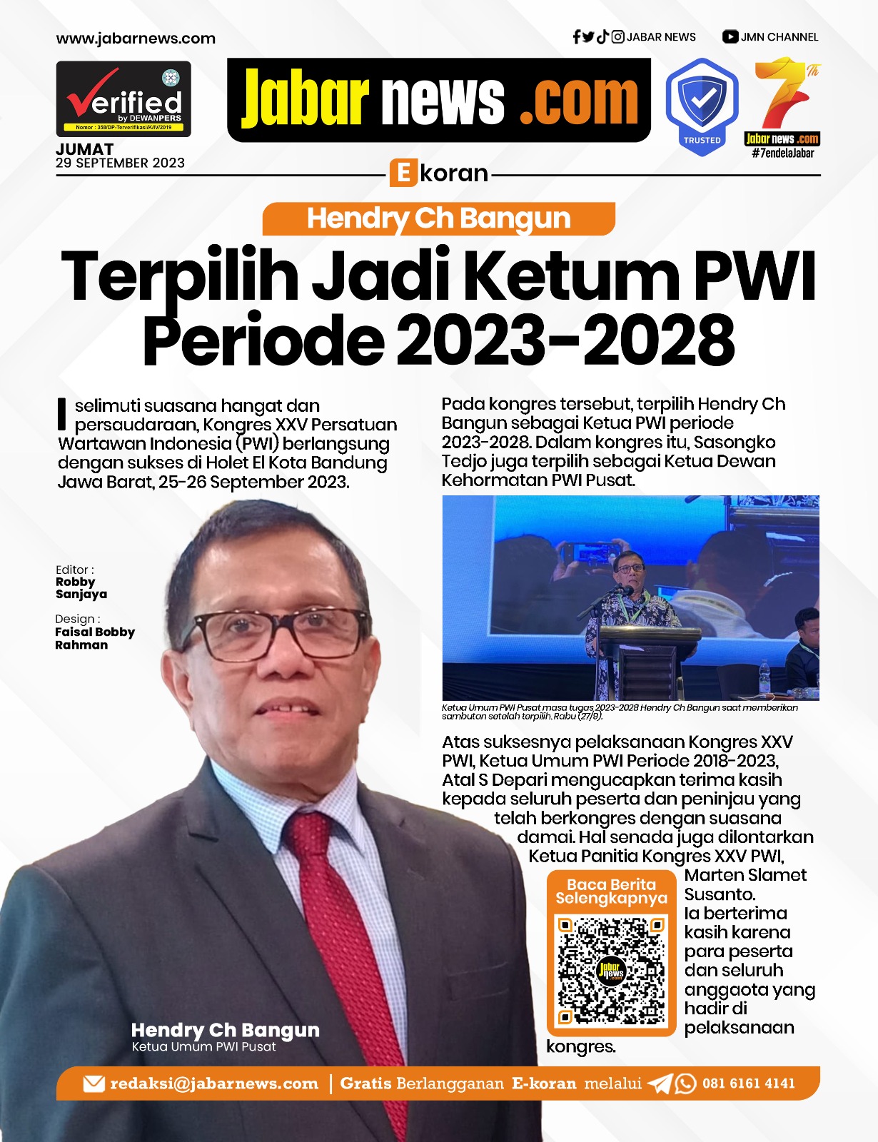 Hendry Ch Bangun Terpilih Jadi Ketum PWI Periode 2023-2028
