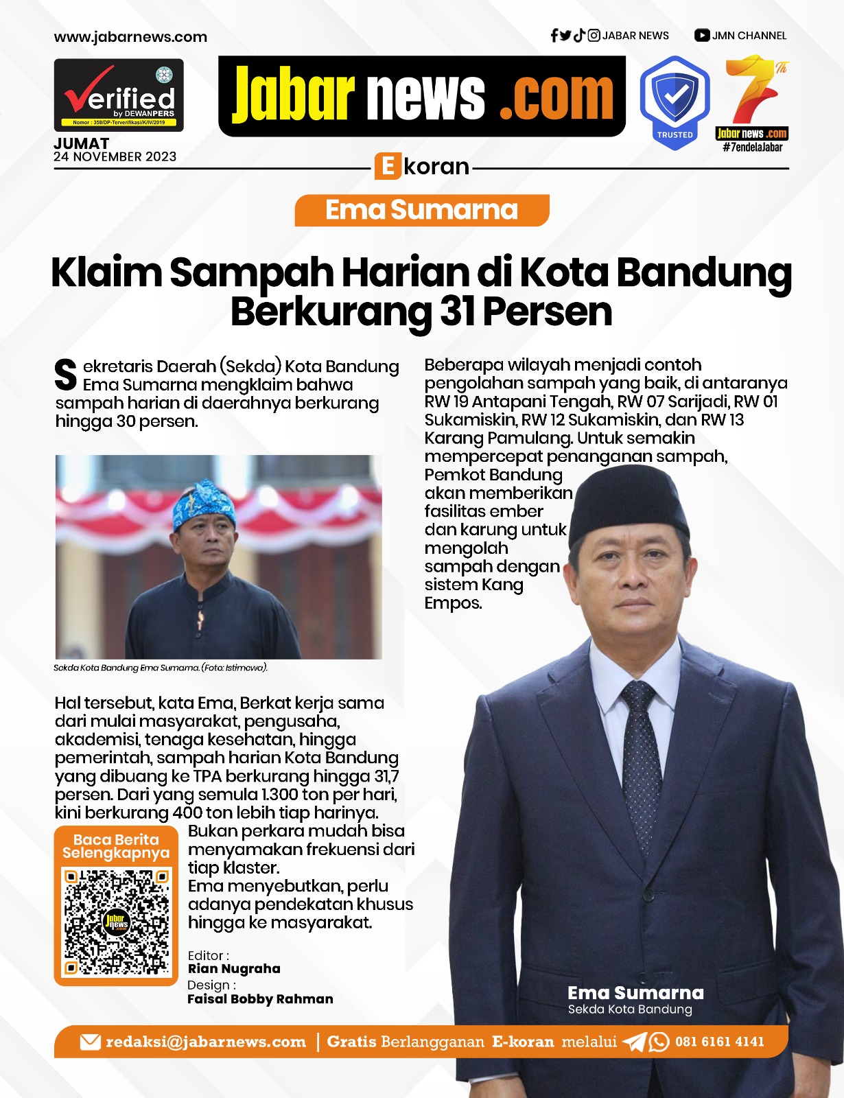 Ema Sumarna Klaim Sampah Harian di Kota Bandung Berkurang 31 Persen