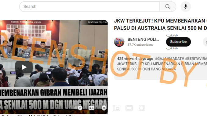 Hasil tangkap layar video haoks terkait KPU yang membenarkan soal ijazah palsu Gibran