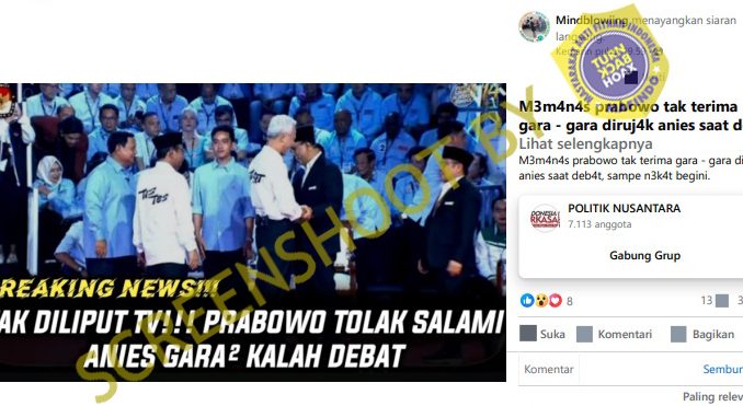 Hasil tangkap layar video yang menyebutkan Prabowo tolak bersalaman dengan Anies