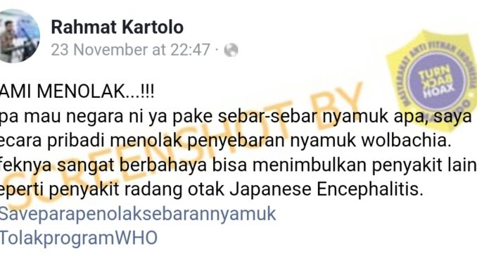 Postingan yang menyebut program penyebaran nyamuk bisa menyebabkan penyakit Japanese Encephalitis