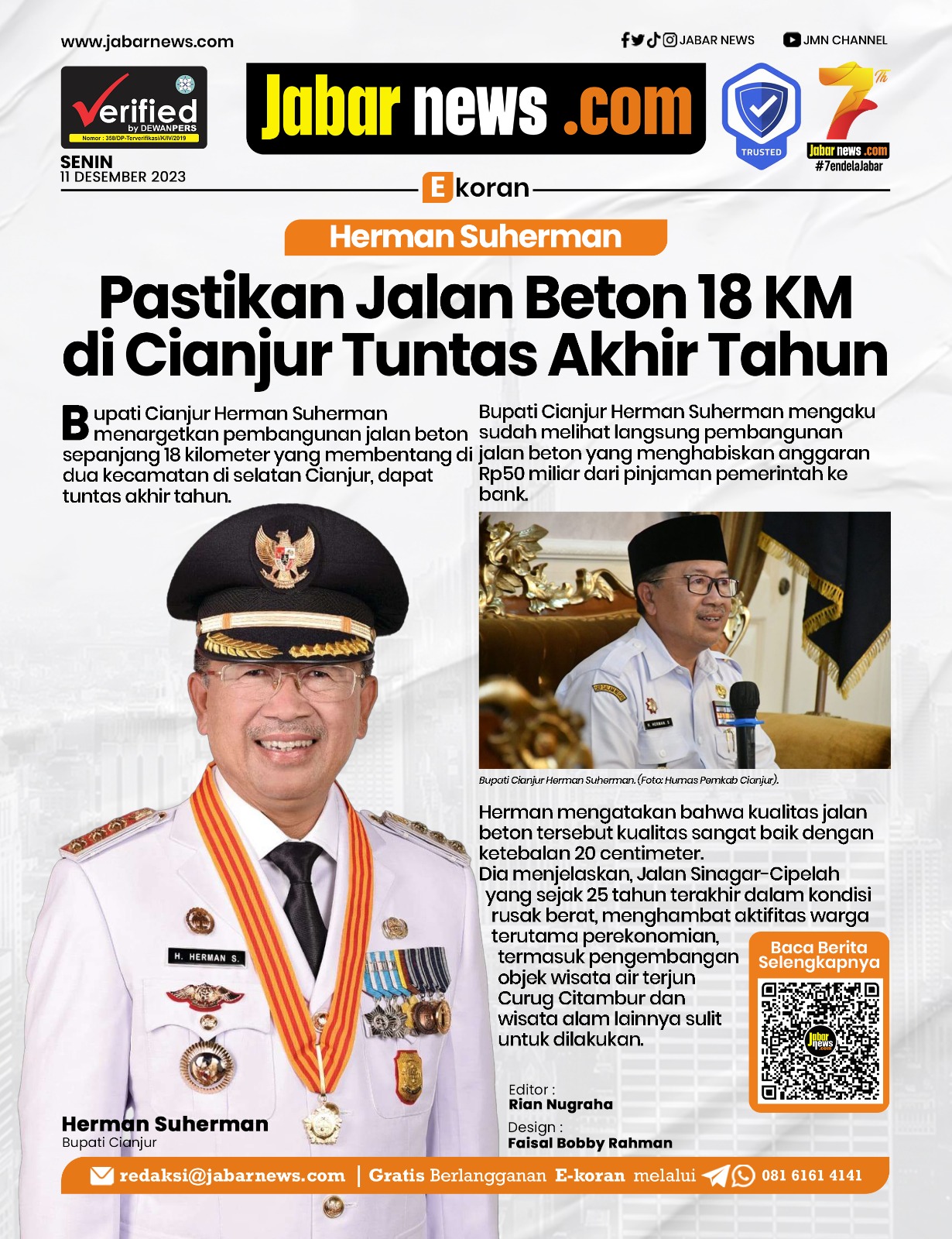 Herman Suherman Pastikan Jalan Beton 18 KM di Cianjur Tuntas Akhir Tahun