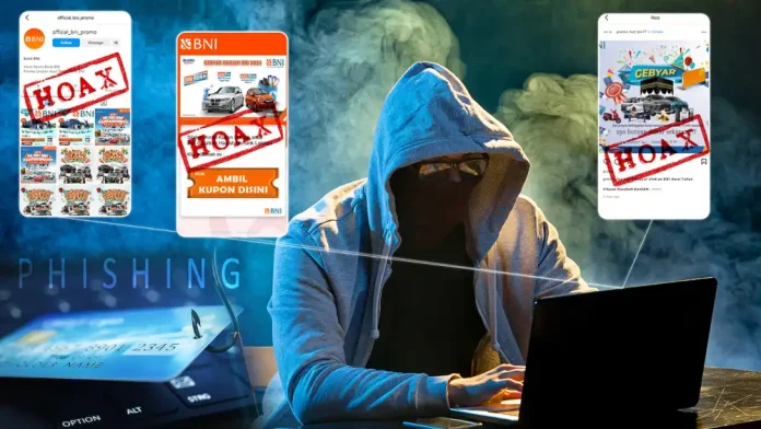 Ilustrasi penipu sedang melakukan kejahatan siber dengan membagikan informasi undian berhadiah lewat akun-akun media sosial yang mengatasnamakan BNI