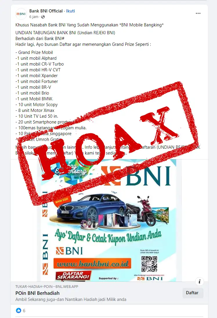 Tangkapan layar akun facebook mengatasnamakan BNI yang mengunggah informasi pendaftaran Undian Rejeki BNI