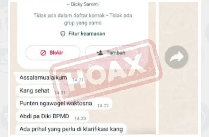 Tangkapan Layar Percakapan WhatApp mengatasnamakan Kepala DPMD Jabar, Dicky Saromi