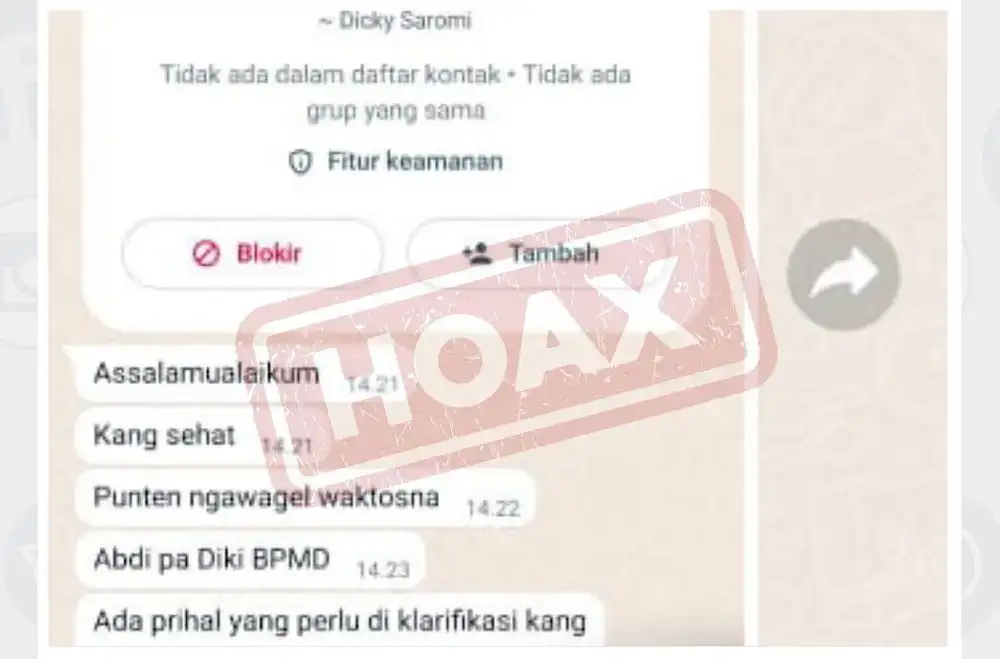 Tangkapan Layar Percakapan WhatApp mengatasnamakan Kepala DPMD Jabar, Dicky Saromi