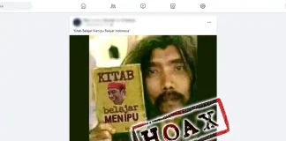 Tangkapan layar sebuah akun facebook yang mengunggah hoaks menampilkan gambar kitab belajar menipu dengan sampul foto Presiden Jokowi