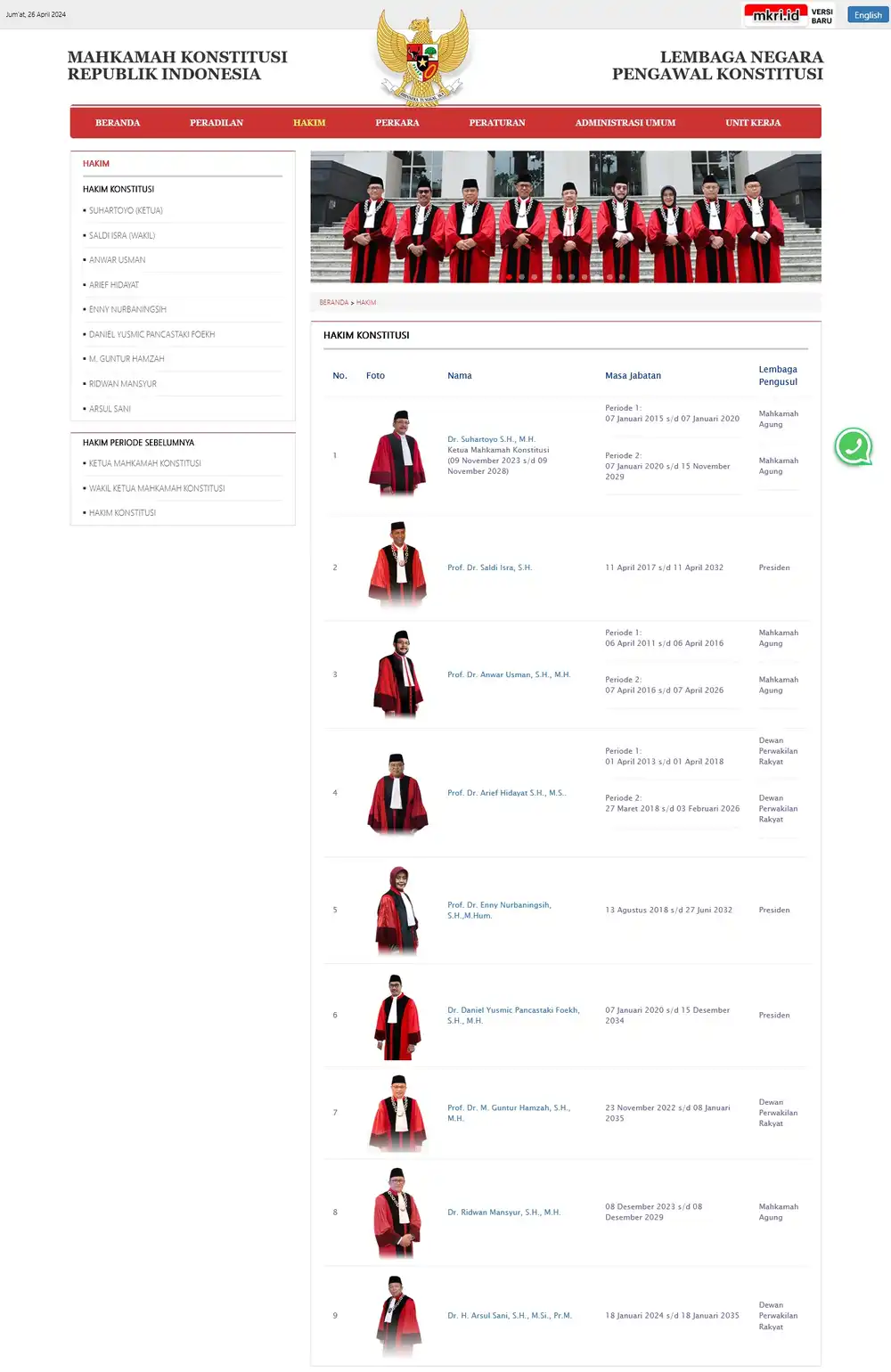 Daftar Hakim Konstitusi dalam laman resmi Mahkamah Konstitusi Republik Indonesia (Foto: Tangkapan layar laman resmi MK)