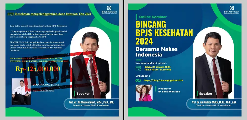 Perbandingan poster yang sudah dimanipulasi (kiri) dengan poster asli (kanan) yang diunggah akun facebook resmi BPJS Kesehatan