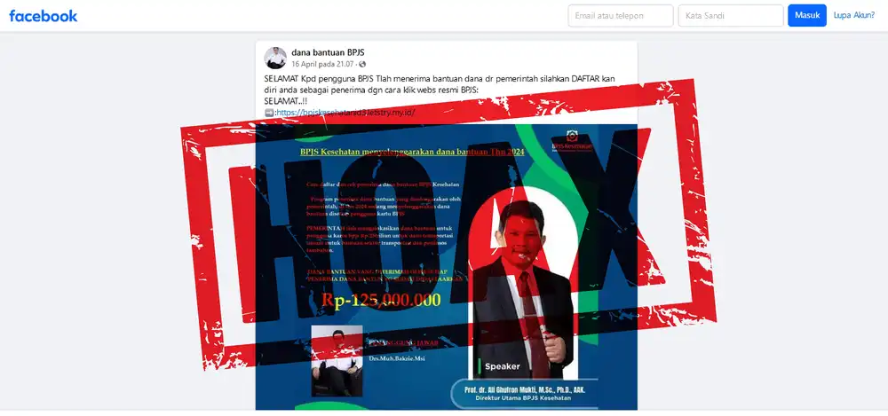 Tangkapan layar akun Facebook yang menyebarkan informasi bohong terkait bantuan dana Rp 125 juta dari BPJS Kesehatan