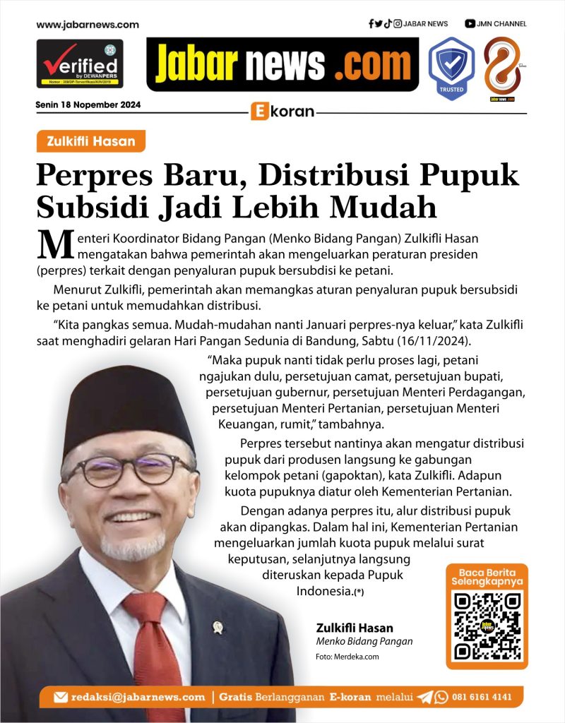 Zulkifli Hasan: Perpres Baru, Distribusi Pupuk Subsidi Jadi Lebih Mudah
