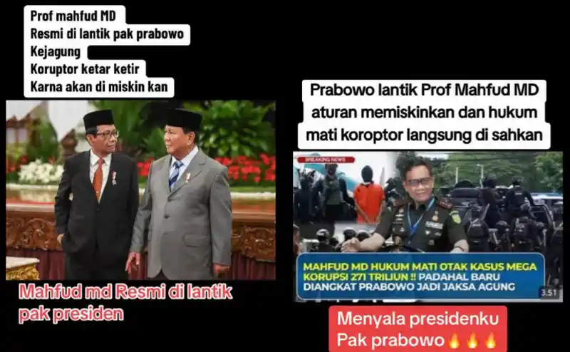 Unggahan yang dibagikan sebuah akun TikTok yang menarasikan bahwa Mahfud MD telah resmi dilantik menjadi Jaksa Agung oleh Presiden Prabowo (Foto: Tangkapan Layar akun TikTok)
