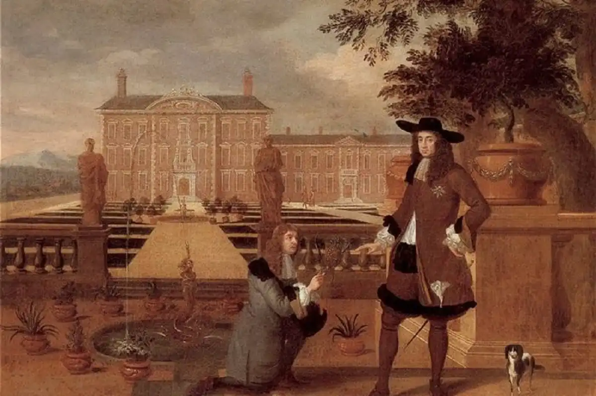 Sebuah lukisan yang menggambarkan tukang kebun kerajaan mempersembahkan kepada Raja Charles II buah yang menjadi simbol kekayaan dan kemewahan (Foto: Hendrik Danckerts / Wikimedia Commons (Domain Publik))