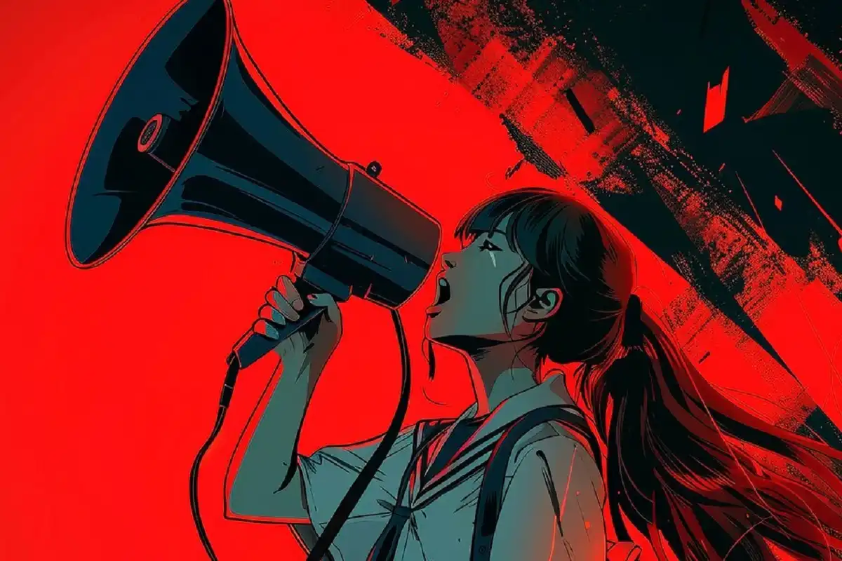 Ilustrasi seorang aktivis perempuan sedang berorasi di ruang publik