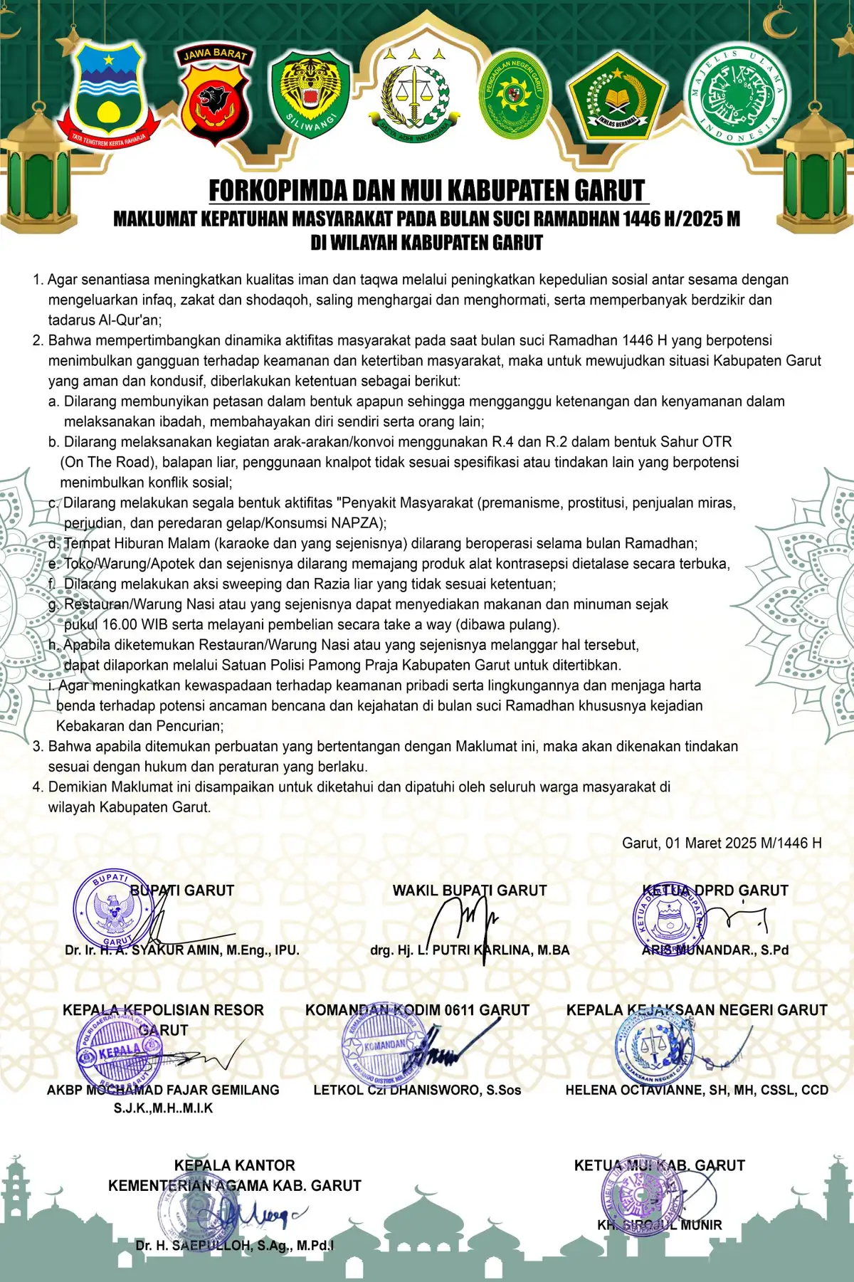 Maklumat Kepatuhan Masyarakat selama bulan suci Ramadan 1446 H2025 M