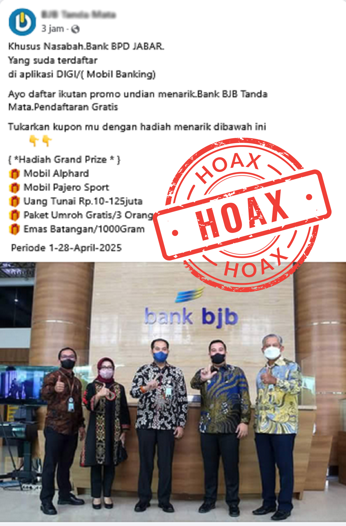 Hoaks! Undian berhadiah Bank BJB di Facebook dipastikan hoaks dan bukan dari sumber resmi Bank BJB.