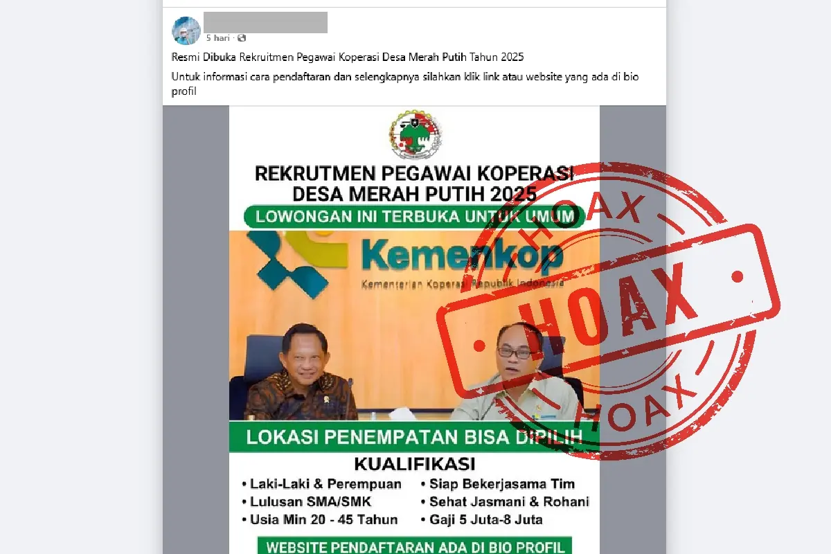 Link rekrutmen pegawai Koperasi Desa Merah Putih 2025 yang beredar di Facebook dipastikan hoaks