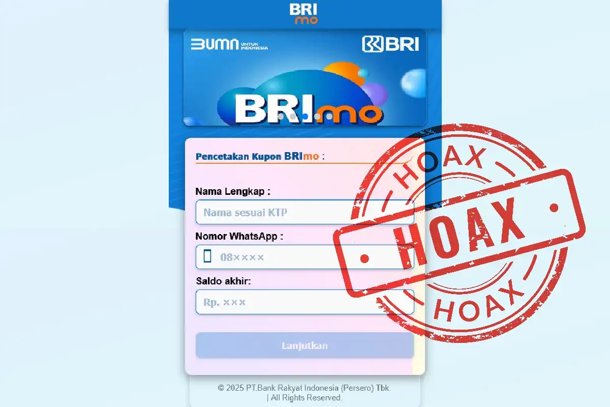 Tangkapan layar laman palsu mengatasnamakan BRImo untuk mencetak kupon undian berhadiah. BRI menegaskan situs tersebut adalah penipuan atau hoaks.