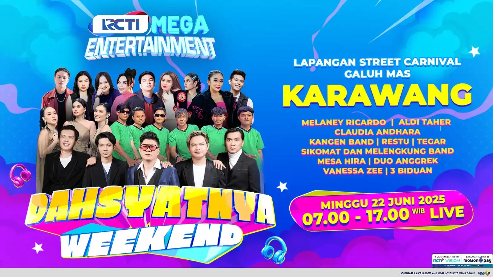 Poster Dahsyatnya Weekend Karawang 2025 menampilkan Kangen Band, Mesa Hira, Claudia Andhara, Melanie Ricardo, Aldi Taher, dan artis lainnya.