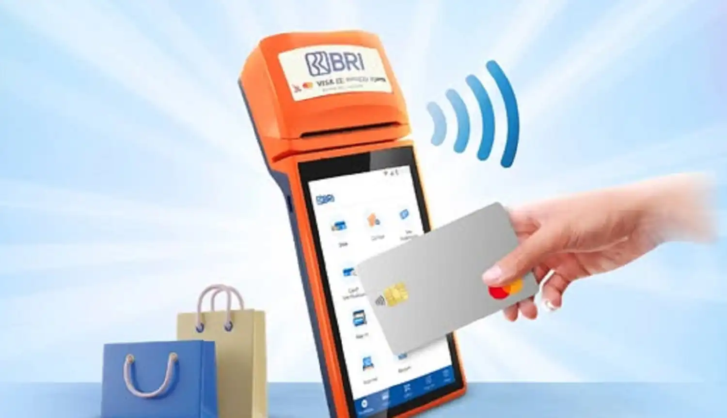 Ilustrasi mesin EDC BRI digunakan untuk transaksi non-tunai menggunakan kartu debit Mastercard