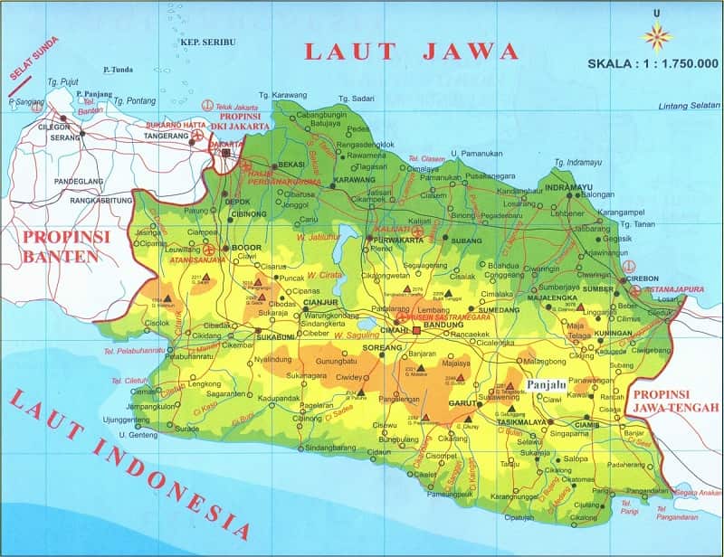 Peta wilayah Provinsi Jawa Barat yang menunjukkan kabupaten/kota, batas provinsi, dan wilayah potensial pemekaran seperti Sunda Pakuan dan Sunda Galuh.