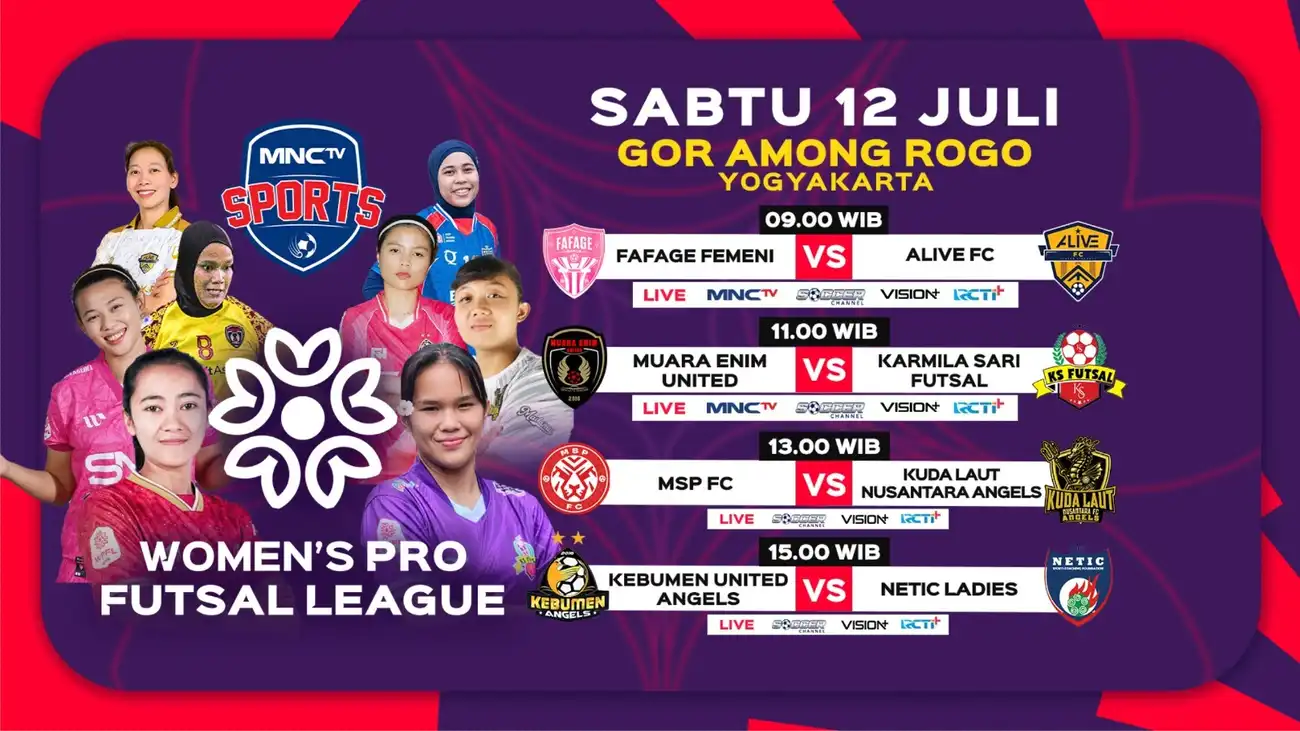 Poster resmi WPFL 2025 menampilkan jadwal lengkap pertandingan Sabtu, 12 Juli 2025 di GOR Among Rogo Yogyakarta.