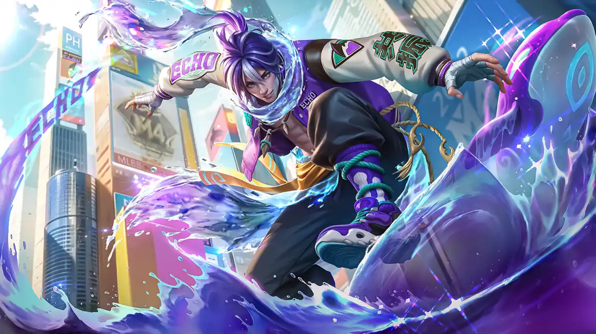 Hero Mobile Legends tampil dengan gaya futuristik, menampilkan kekuatan skill mekanik khas pemain profesional MLBB.