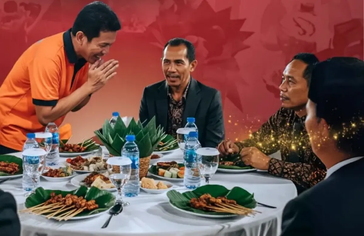 Petugas kebersihan Purwakarta saat menikmati gala dinner ala pejabat dalam acara Tukar Nasib yang digelar kembali oleh Bupati Purwakarta Om Zein