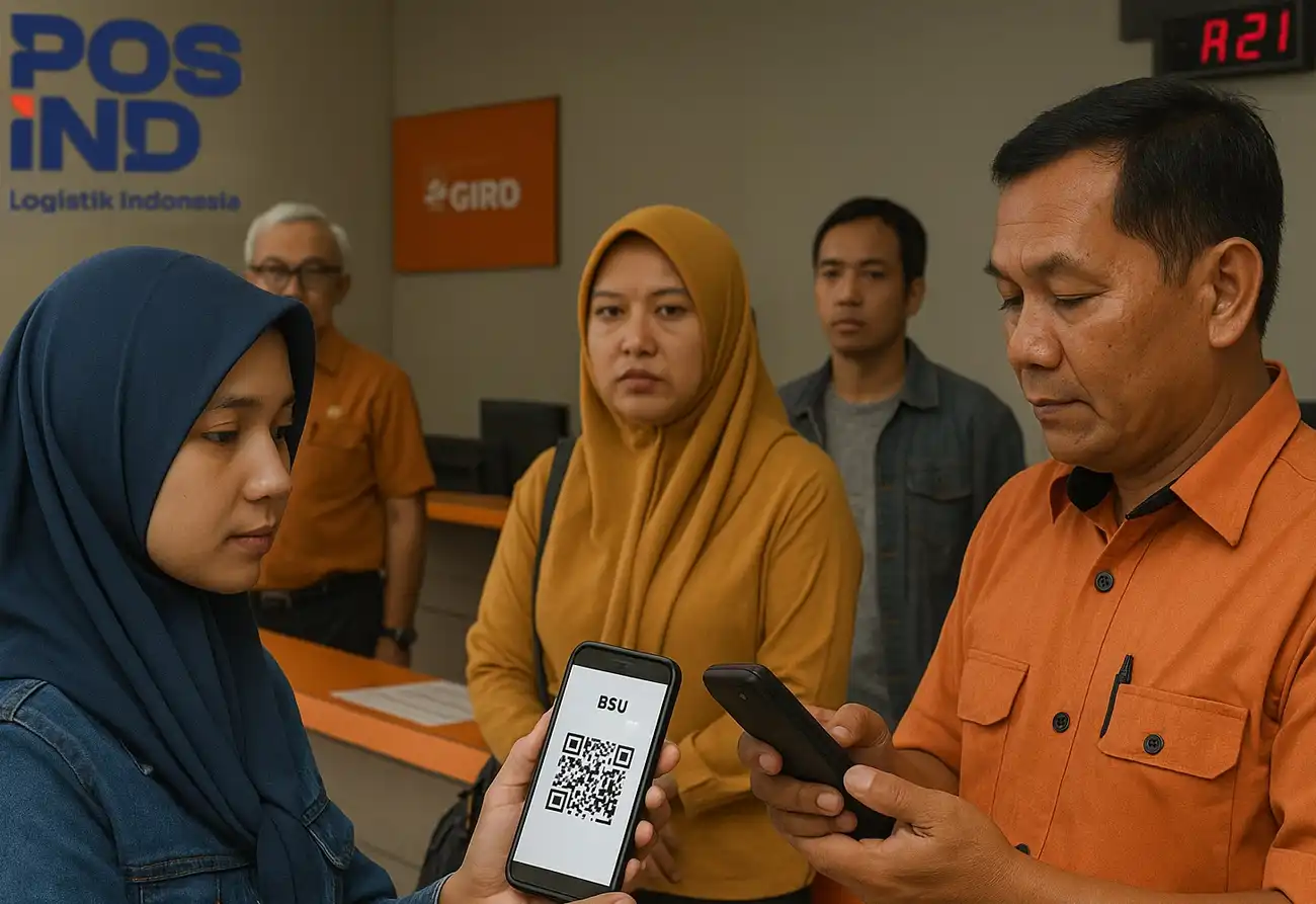 Warga Purwakarta antre pencairan BSU 2025 di Kantor Pos dengan membawa QR Code dari aplikasi Pospay.