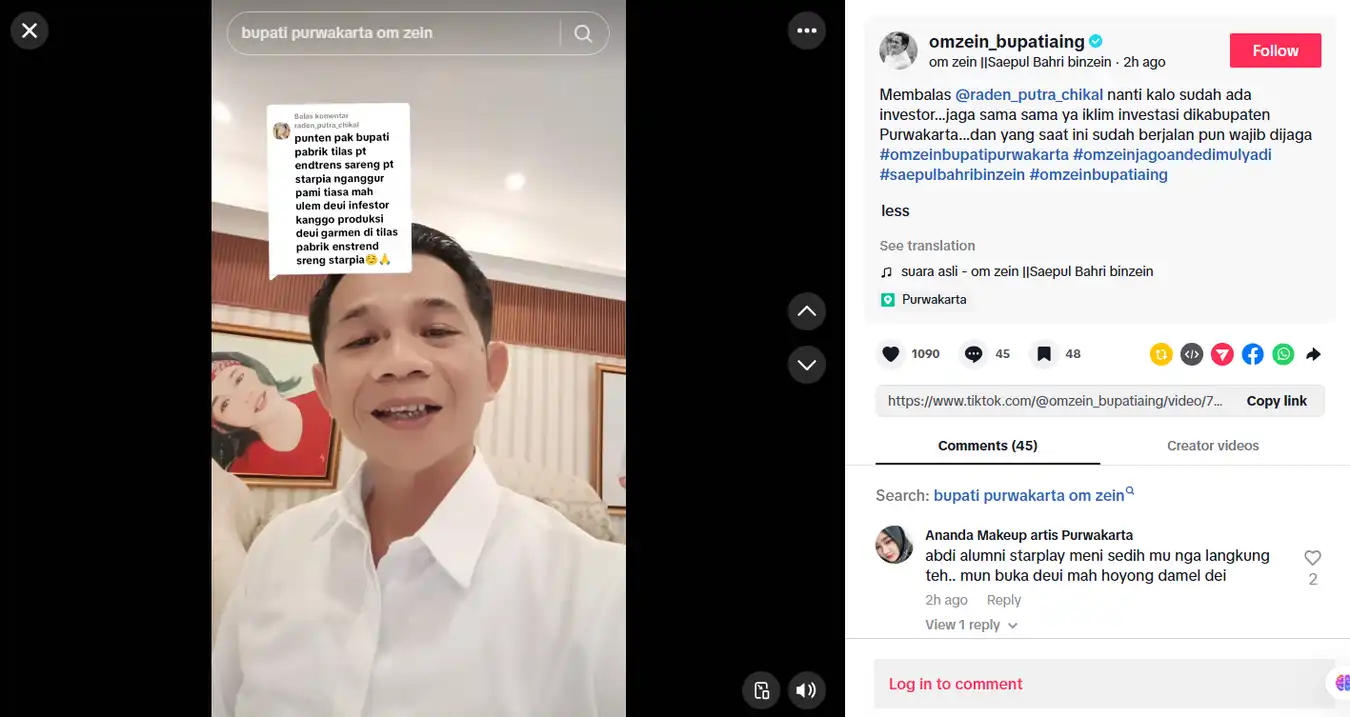 Om Zein ajak warga jaga iklim investasi Purwakarta.