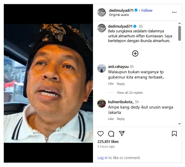 Gubernur Jawa Barat Dedi Mulyadi menyampaikan bela sungkawa untuk Affan Kurniawan, sopir ojol yang tewas ditabrak mobil rantis Brimob di Jakarta.