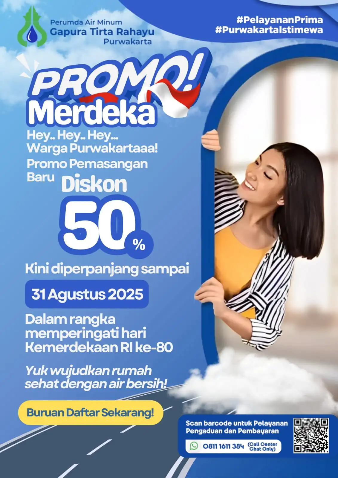 Poster promo PDAM Purwakarta diskon 50 persen pemasangan sambungan baru sampai 31 Agustus 2025.