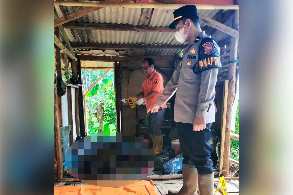 Petugas polisi mengevakuasi mayat pria membusuk di lahan Perhutani Purwakarta