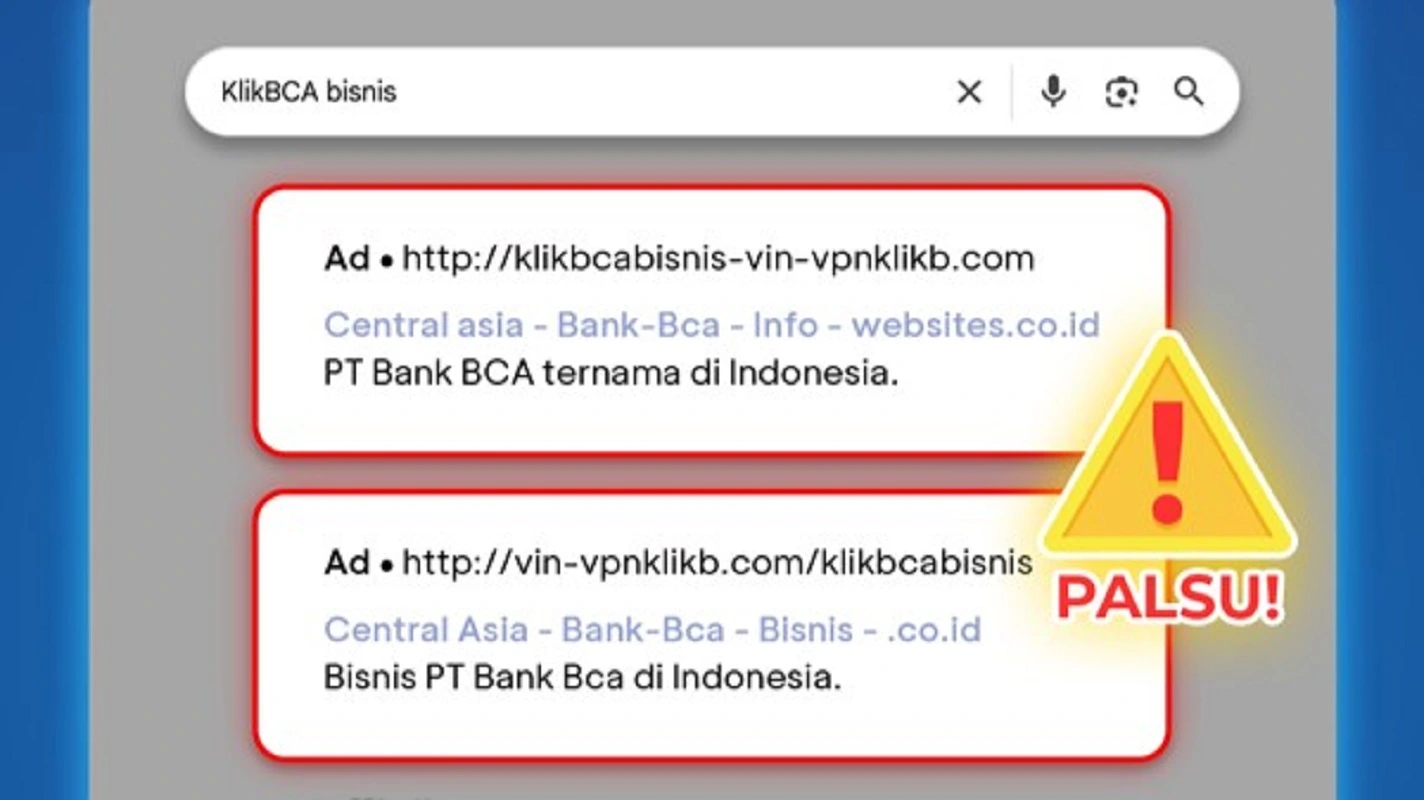 Peringatan BCA situs palsu KlikBCA Bisnis di mesin pencarian Google