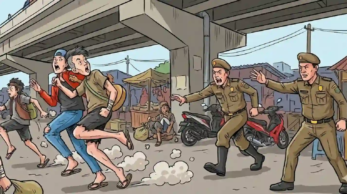 Satpol PP Karawang menertibkan gepeng di jembatan layang Cikampek