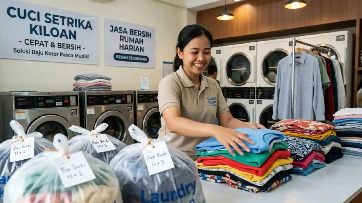 Peluang bisnis laundry kiloan dan kebersihan rumah pasca Lebaran 2026.