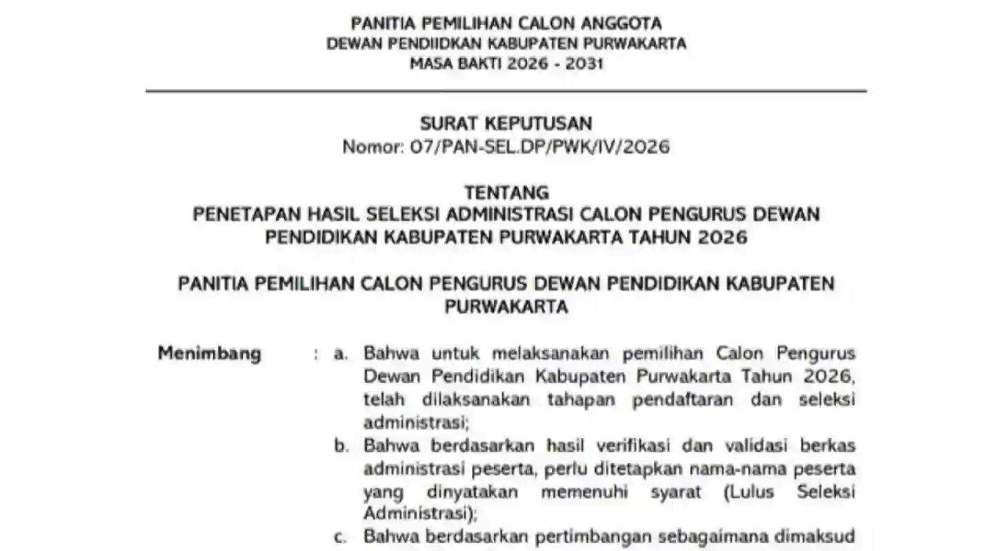 Daftar nama lolos seleksi administrasi Dewan Pendidikan Purwakarta 2026